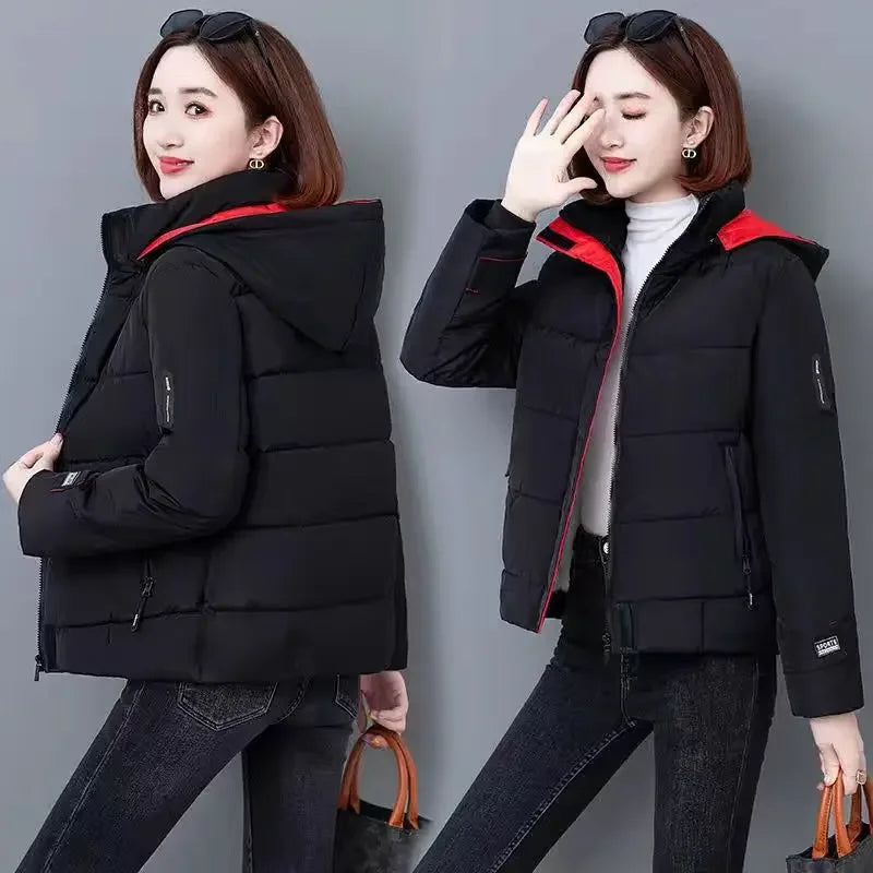 Thick Fleece Cotton Parkas Women Puffer Jacket Winter Fashion Warm Hooded Short Down Jacket Lady Casual Solid Zipper Padded Coat