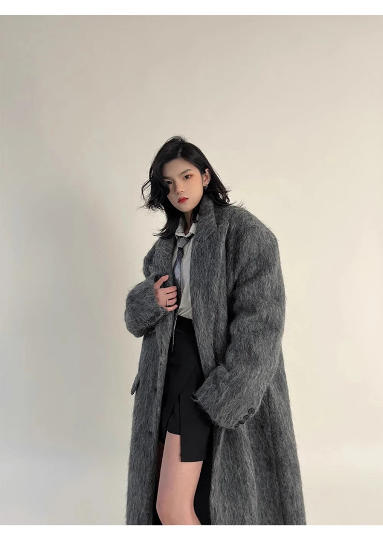 Lautaro Autumn Winter Clothes Women Oversized Extra Long Casual Warm Grey Wool & Blends Coat Women Maxi Fluffy Woolen Overcoat