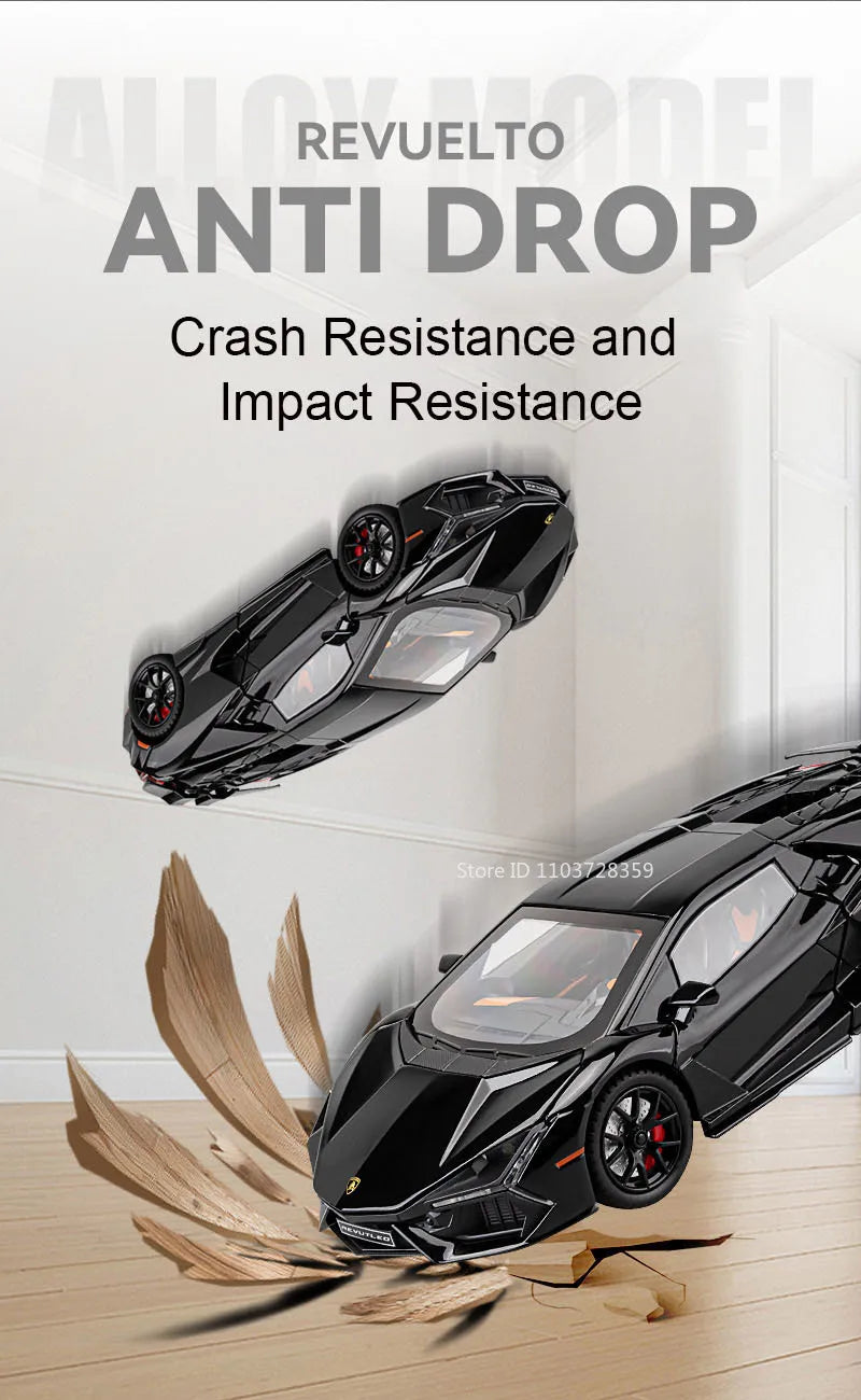 1:24 Scale REVUELTO Miniature Model Toy Sports Cars Alloy Diecast Supercars Sound Light Doors Opened Pull Back for Kids Gifts