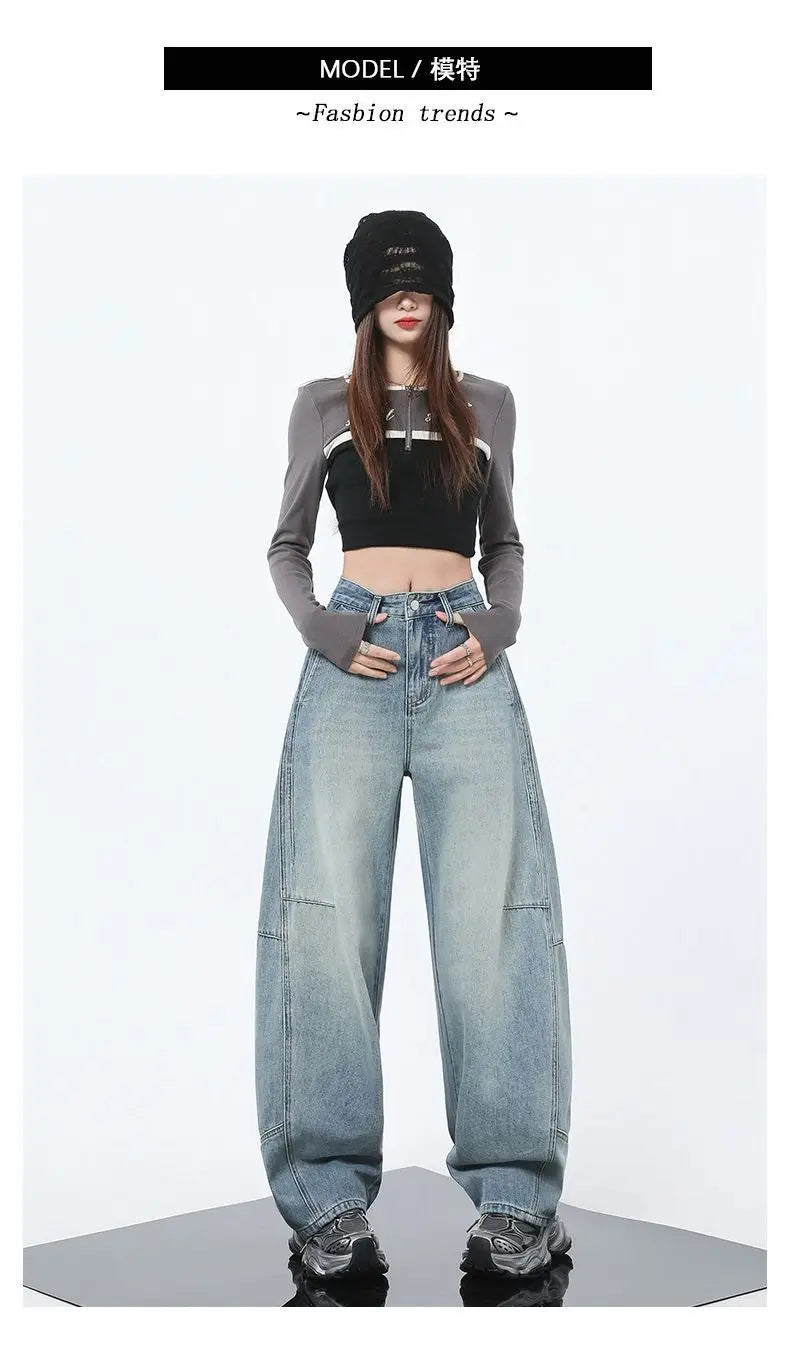 2025 Women Baggy Jeans High Waist Straight Wide Leg Drag Floor Length Banana Pants Vintage Casual