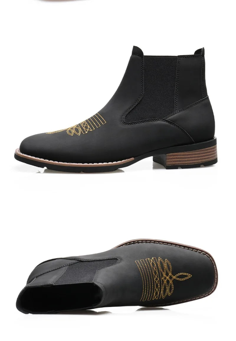 Men's Chelsea Boots High Quality Casual Leather Boots Retro Ankle Boots for Men Embroidery Western Cowboy Boot Botas Masculinas