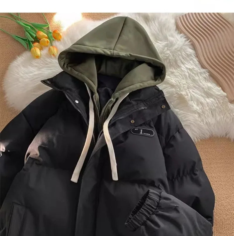 Winter New Fashion Splicing Hooded Fake Two-piece Design Sense Bread Clothes Women Y2K New Korean Version Thick Warm Coats