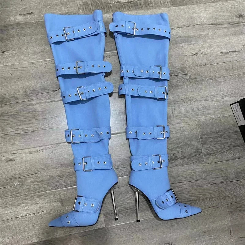Blue Denim Metal Rivet Buckle Silvery Over Knee Boots Women Sexy Punk Style Silver Belt Buckle 12cm High Heel Sandals Size 34-43