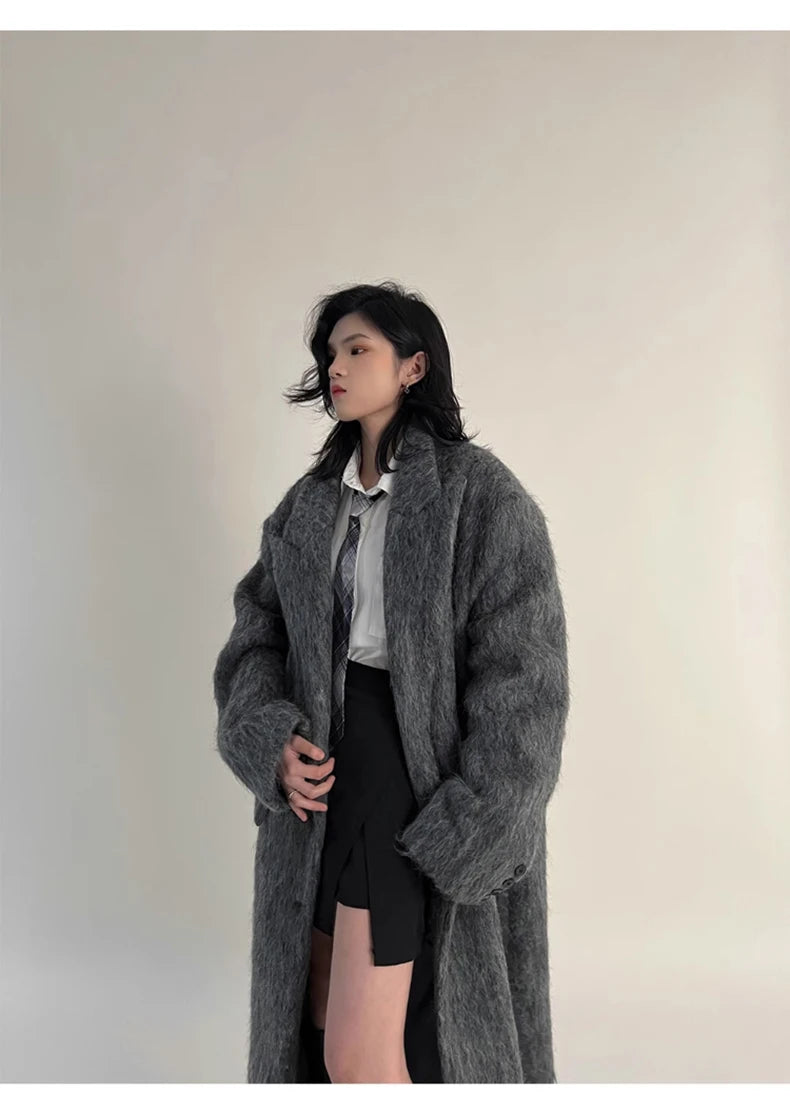 Lautaro Autumn Winter Clothes Women Oversized Extra Long Casual Warm Grey Wool & Blends Coat Women Maxi Fluffy Woolen Overcoat