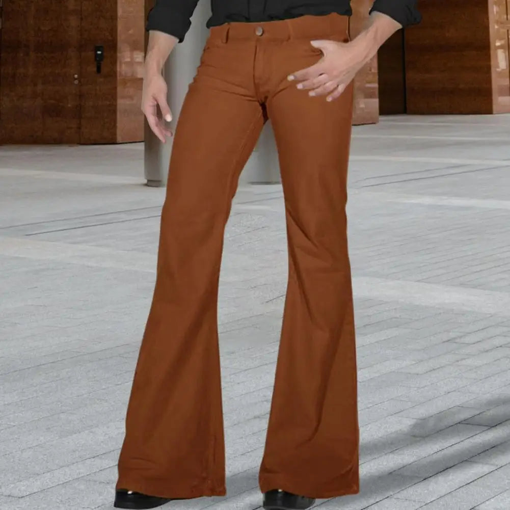 Fashion Men's Retro Flare Pants Solid Color Mid-Rise Trousers Casual Classic 70s Men Bell Bottom Zipper Fly Long Trousers