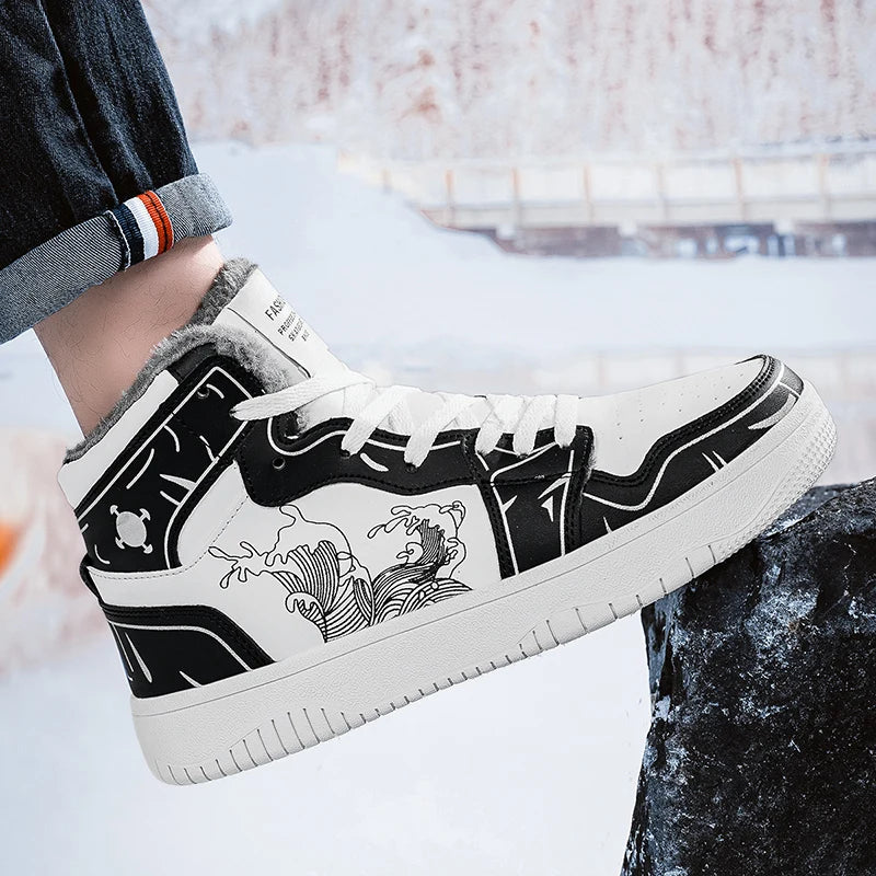 Mens Board Shoes 2025 New Winter Warm Anti Slip Thick Soled Outdoor Casual Sneakers Fashion High Top Lace Up Flat Walking Shoes