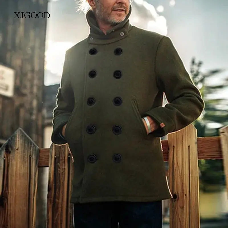 Men's Pure Color Woolen Coat with Buttoned Collar ort Sve V-Ne Outerwear for Young Men in Autumn Season