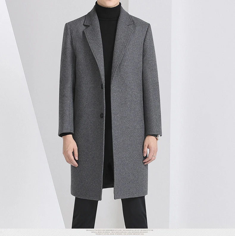 Winter Autumn Men's Timeless Woolen Overcoat Grey Navy Black Burgundy Notched Collar Design Cashmere Coat Plus Size Menswear