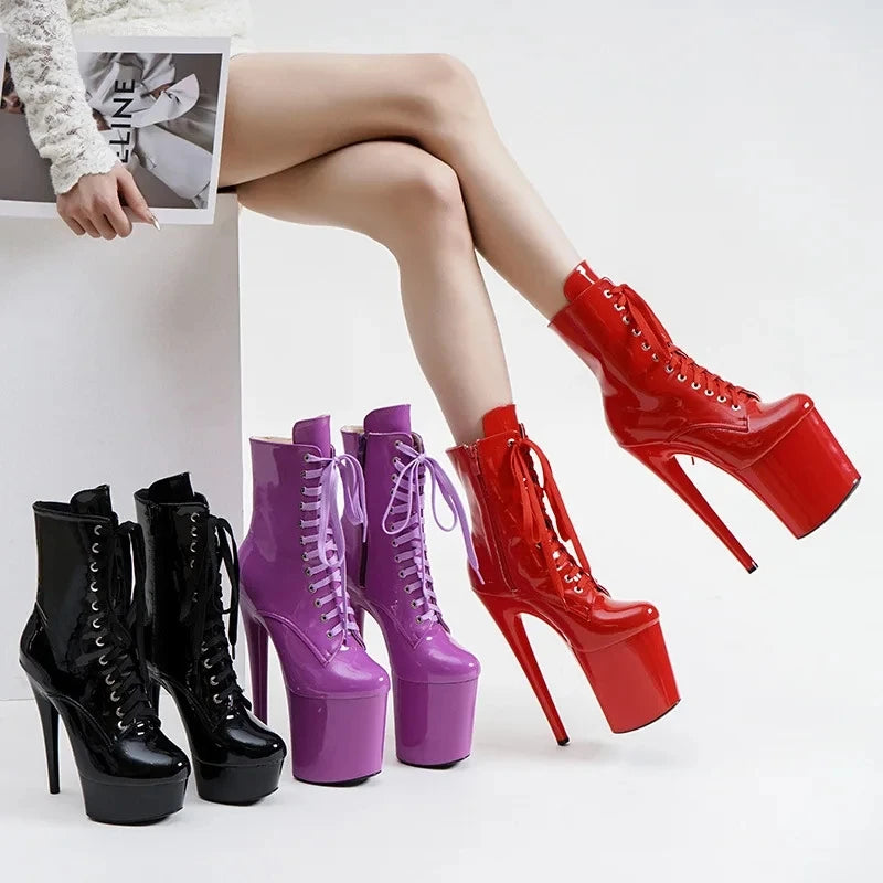 Sexy Black 15cm High Heel Women Ankle Boots Zippered Lace-Up Platform Stripper Shoes Western Style Pole Dancing Boots for Women