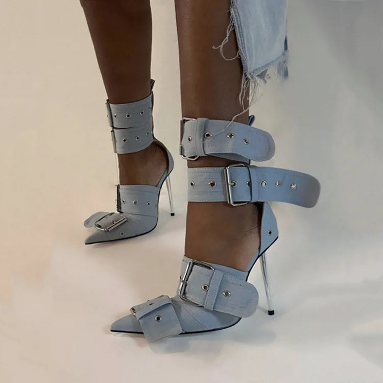 Blue Denim Metal Rivet Buckle Silvery Over Knee Boots Women Sexy Punk Style Silver Belt Buckle 12cm High Heel Sandals Size 34-43