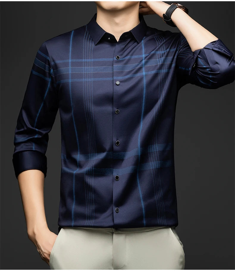 BROWON Formal Shirt Men 2025 Autumn New Long Sleeve Male Shirt Fashion Business Mulberry Silk Striped Shirts for Man Wear