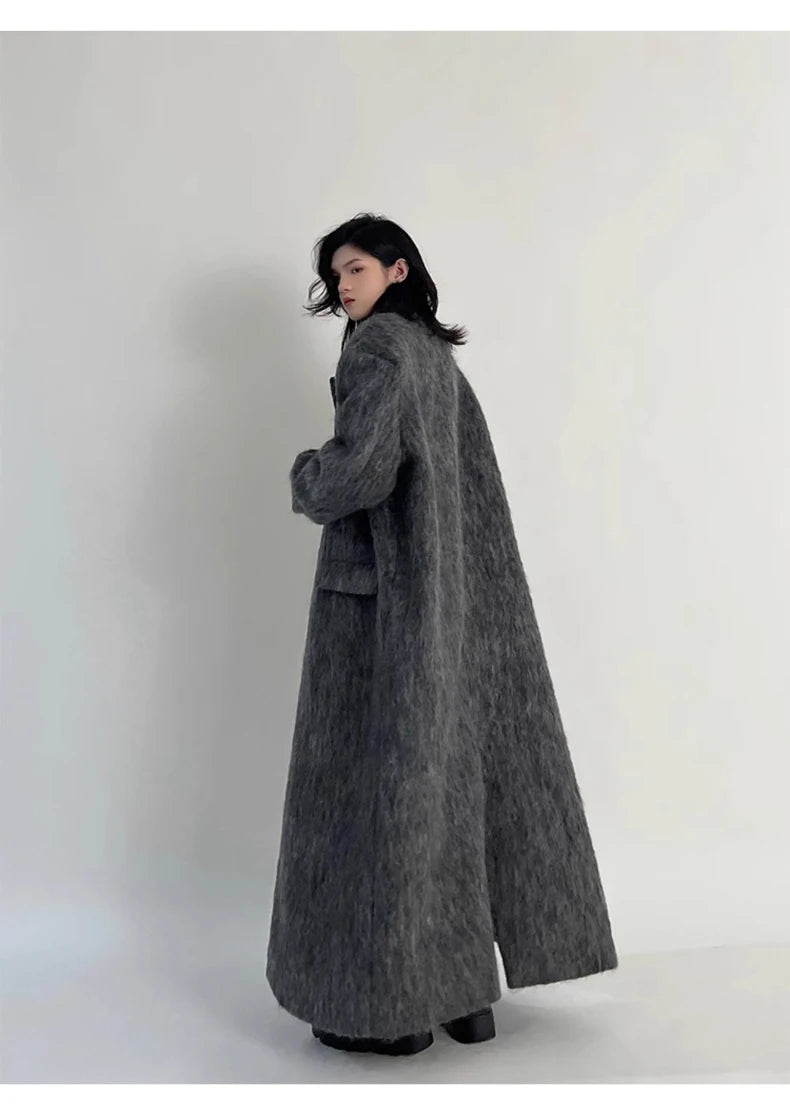 Lautaro Autumn Winter Clothes Women Oversized Extra Long Casual Warm Grey Wool & Blends Coat Women Maxi Fluffy Woolen Overcoat