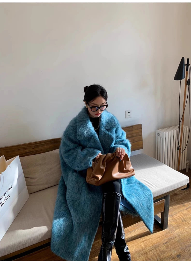 Lautaro Winter Long Blue Fluffy Oversized Warm Wool & blends Coat for Women Single Button Pockets Luxury Clothes Woolen Overcoat