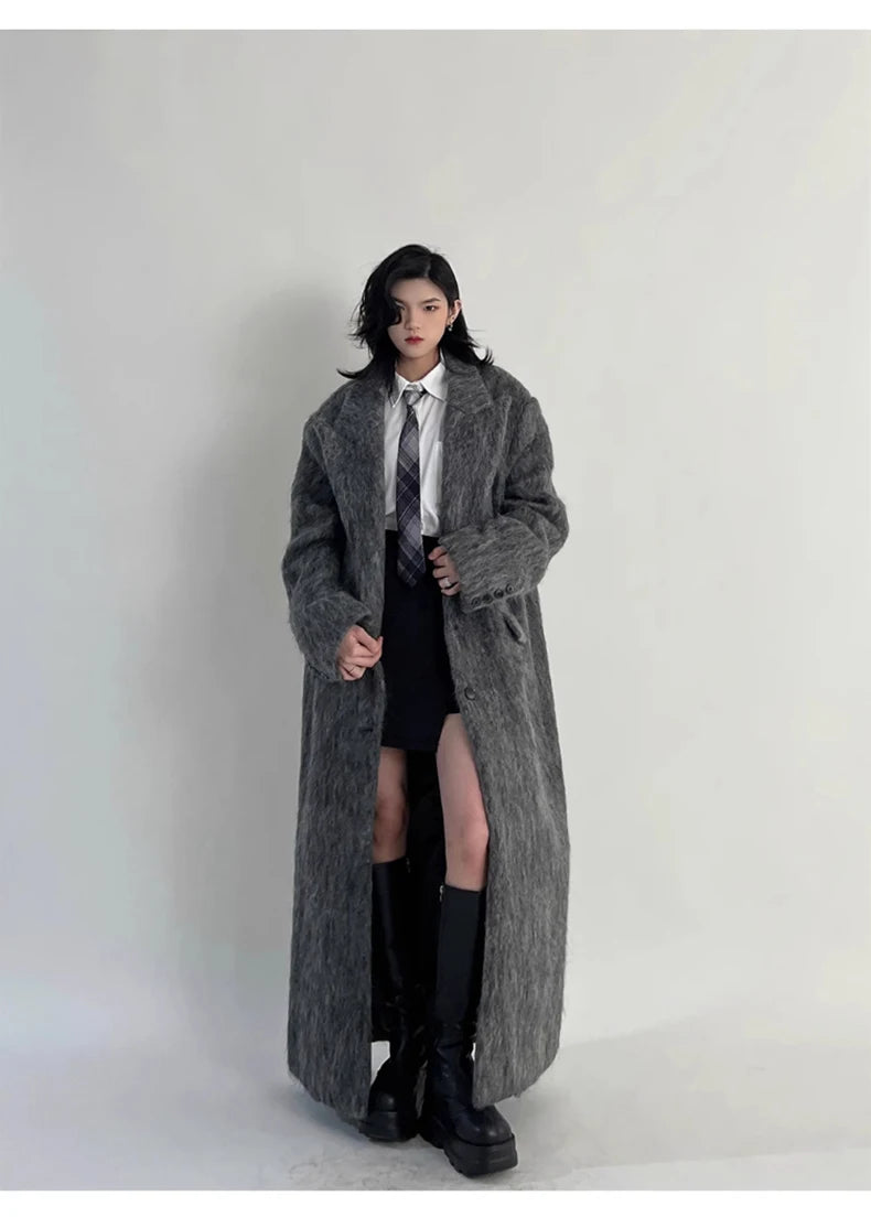 Lautaro Autumn Winter Clothes Women Oversized Extra Long Casual Warm Grey Wool & Blends Coat Women Maxi Fluffy Woolen Overcoat