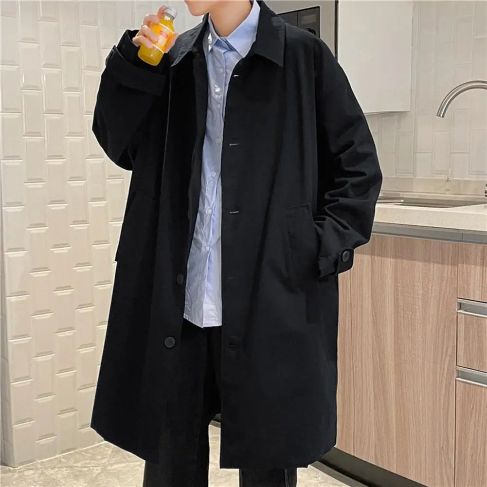 Men's British Style Long Jacket Single-breasted Lapel Long Sleeve Outdoor Casual High Street Male Coat Midi Outwear Mid-length