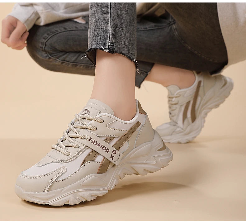 Casual Leather Sneakers for Women Autumn Winter Comfortable Walking Shoes Fashion Patchwork Thick Bottom Sports Shoes Female