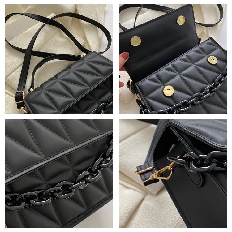 Chic Quilted Diamond Chain Crossbody Bag for Women - Elegant Purse with Golden-Tone Hardware, Black, Retro Style