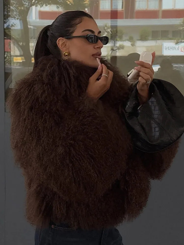 Fashion Solid Plush Faux Fur Coat Women Elegant Warm Long Sleeves Loose Jacket 2025 Lady Winter Chic High Street Outerwear ﻿