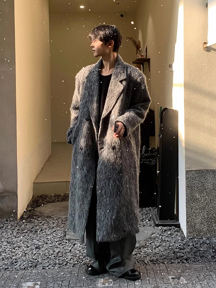 Mauroicardi Autumn Winter Oversized Long Thicken Warm Grey Woolen Coat Men Shoulder Pads Double Breasted Wool & Blends Overcoat