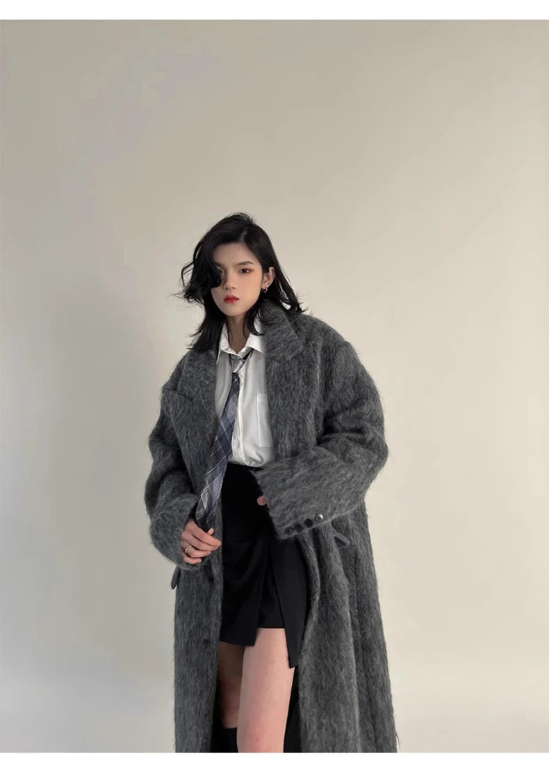 Lautaro Autumn Winter Clothes Women Oversized Extra Long Casual Warm Grey Wool & Blends Coat Women Maxi Fluffy Woolen Overcoat