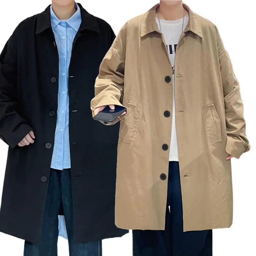 Men's British Style Long Jacket Single-breasted Lapel Long Sleeve Outdoor Casual High Street Male Coat Midi Outwear Mid-length