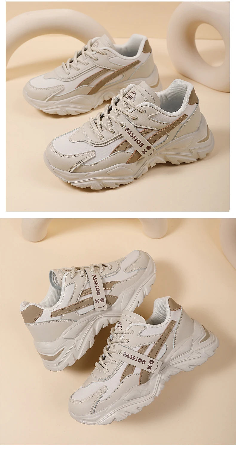Casual Leather Sneakers for Women Autumn Winter Comfortable Walking Shoes Fashion Patchwork Thick Bottom Sports Shoes Female