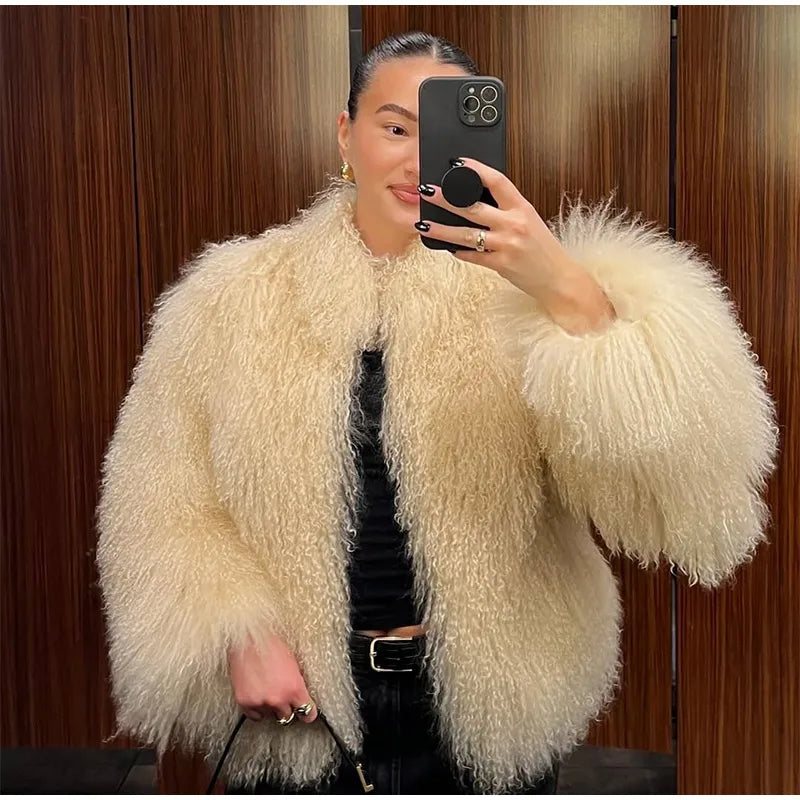 Fashion Solid Plush Faux Fur Coat Women Elegant Warm Long Sleeves Loose Jacket 2025 Lady Winter Chic High Street Outerwear ﻿