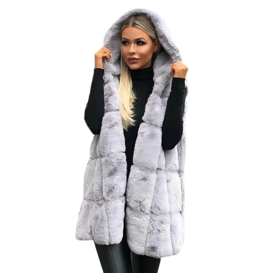 Women Autumn Winter Ladies New Imitation Fur Hooded Vest Hooded Imitation Fur Vest