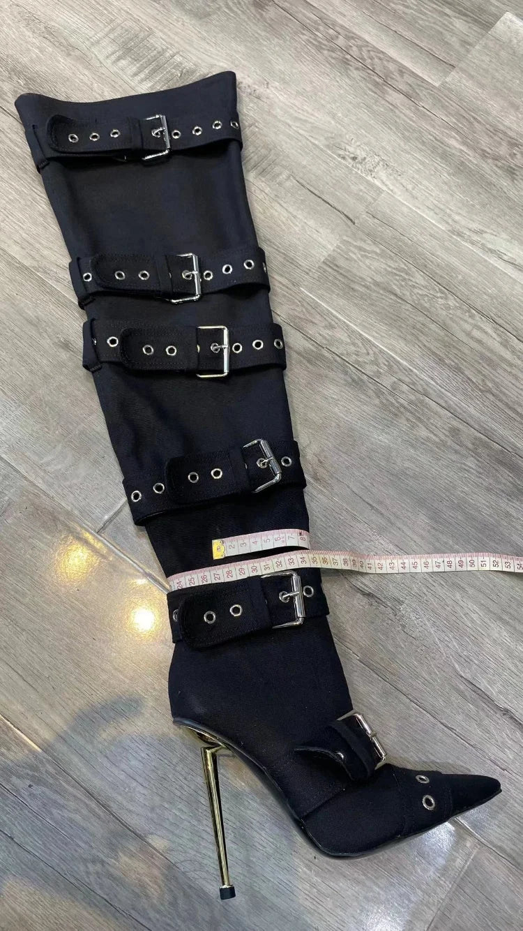Blue Denim Metal Rivet Buckle Silvery Over Knee Boots Women Sexy Punk Style Silver Belt Buckle 12cm High Heel Sandals Size 34-43