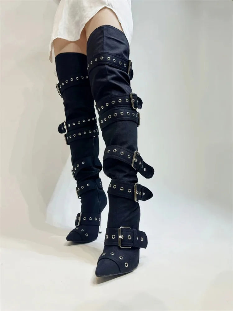 Blue Denim Metal Rivet Buckle Silvery Over Knee Boots Women Sexy Punk Style Silver Belt Buckle 12cm High Heel Sandals Size 34-43