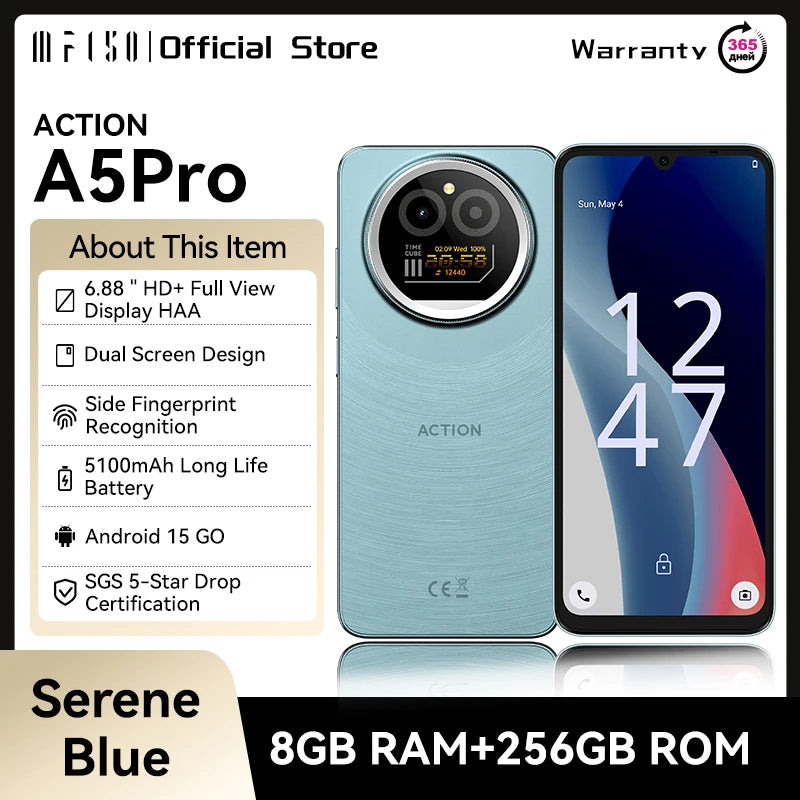 IIIF150 Action A5Pro Phone Android 15 Smartphone 8GB RAM 256GB ROM 6.8inch HD+ HAA Display Dual Screen Design 5100mAh Battery