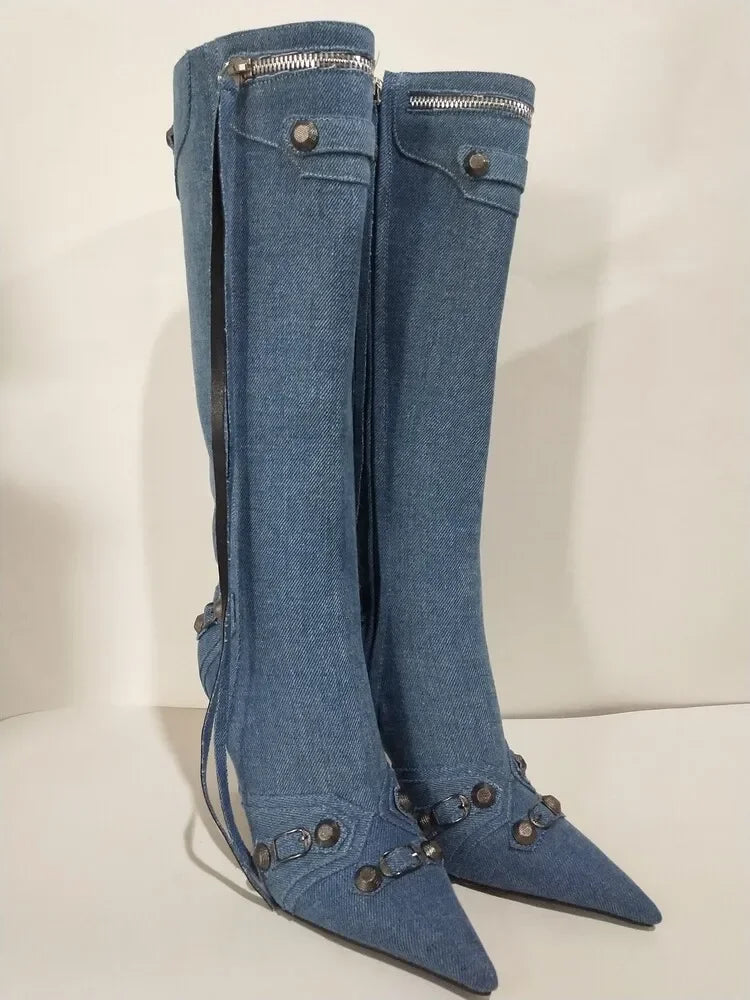 New 2024 Brand Design Knee High Boots Fashion Rivet Pointed Thin Heel Women's Boots 34-43 Fashion Hot Girls Denim Model Boots