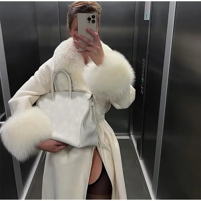 Retro Black Fur Patchwork Woolen Coat Women Chic Full Sleeve V-neck Lace Up Loose Long Overcoat 2025 Lady Winter Commute Outwear
