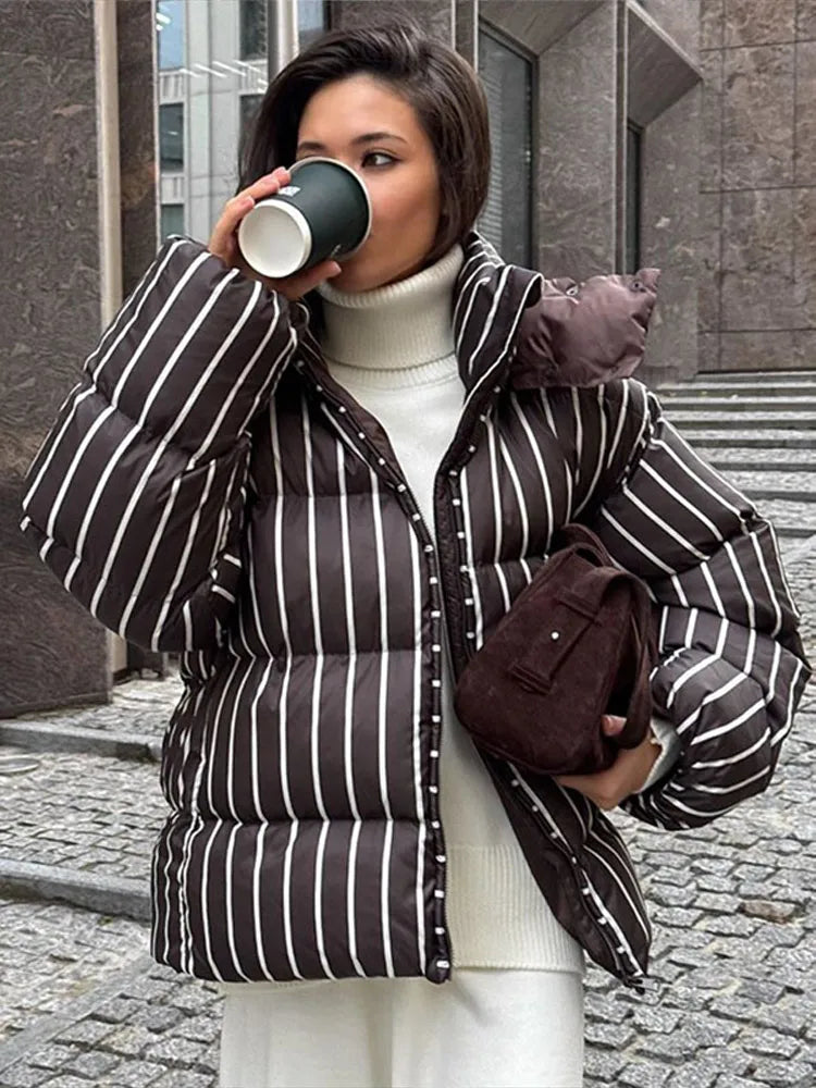 Casual Striped Short Cotton Overcoat Women Long Puff Sleeve Zipper Stand Collar Coat 2025 Autumn Winter Thick Warm Lady Outwear