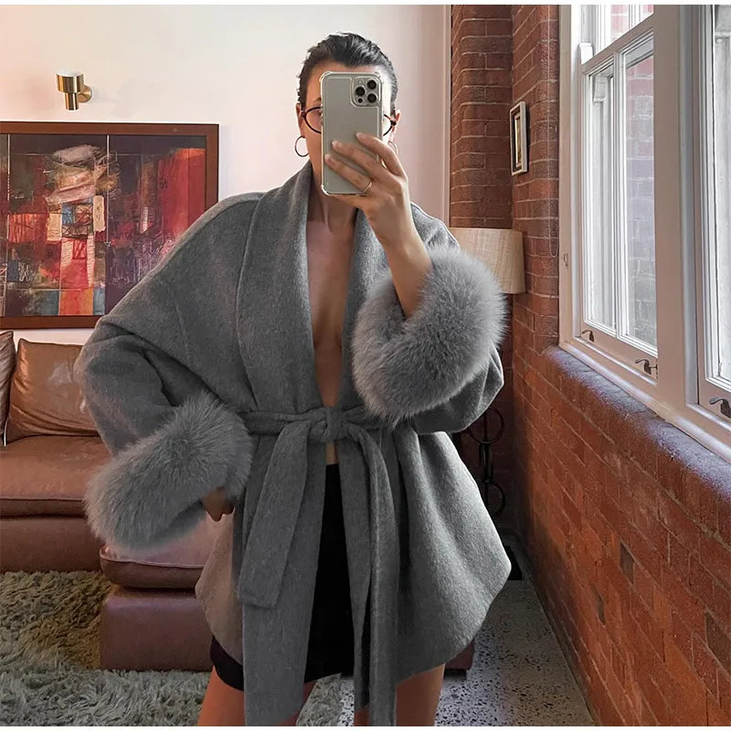 Elegant Lace Up Woolen Coat Women Solid Loose Lapel Furry Belt Long Sleeve Short Jacket 2025 Autumn Winter Lady Cardigan Outwear