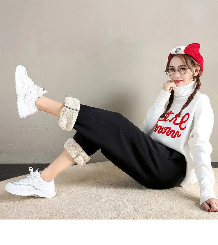 Women's Fleece Lined Joggers Winter Plush Pants High Waist Adjustable Drawstring Lounge Street Comfortable Casual Trousers