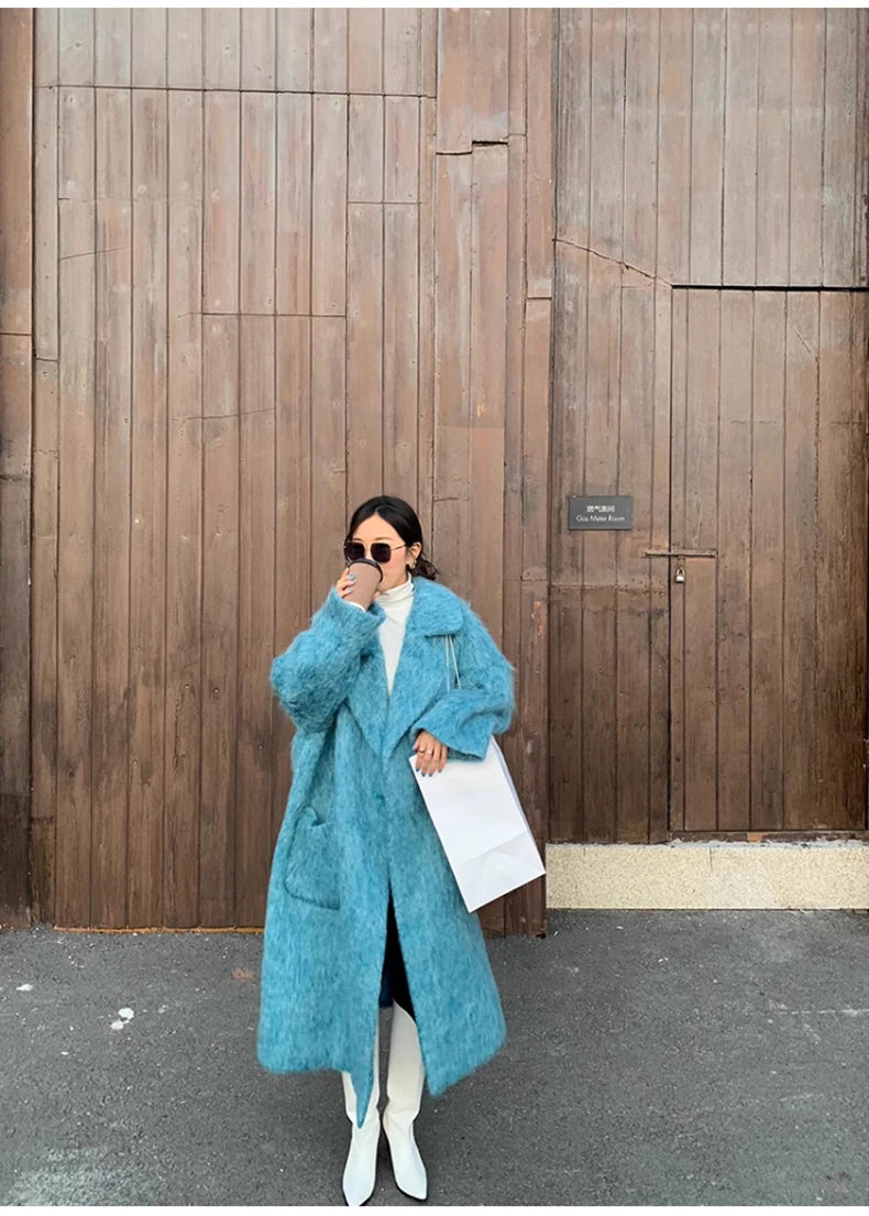 Lautaro Winter Long Blue Fluffy Oversized Warm Wool & blends Coat for Women Single Button Pockets Luxury Clothes Woolen Overcoat