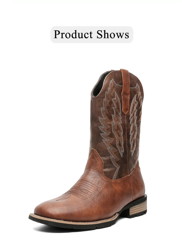 Vintage Embroidery Men's Cowboy Boots High Top Motorcycle Boots Men Shoes Fashion Square Toe Warm Boots