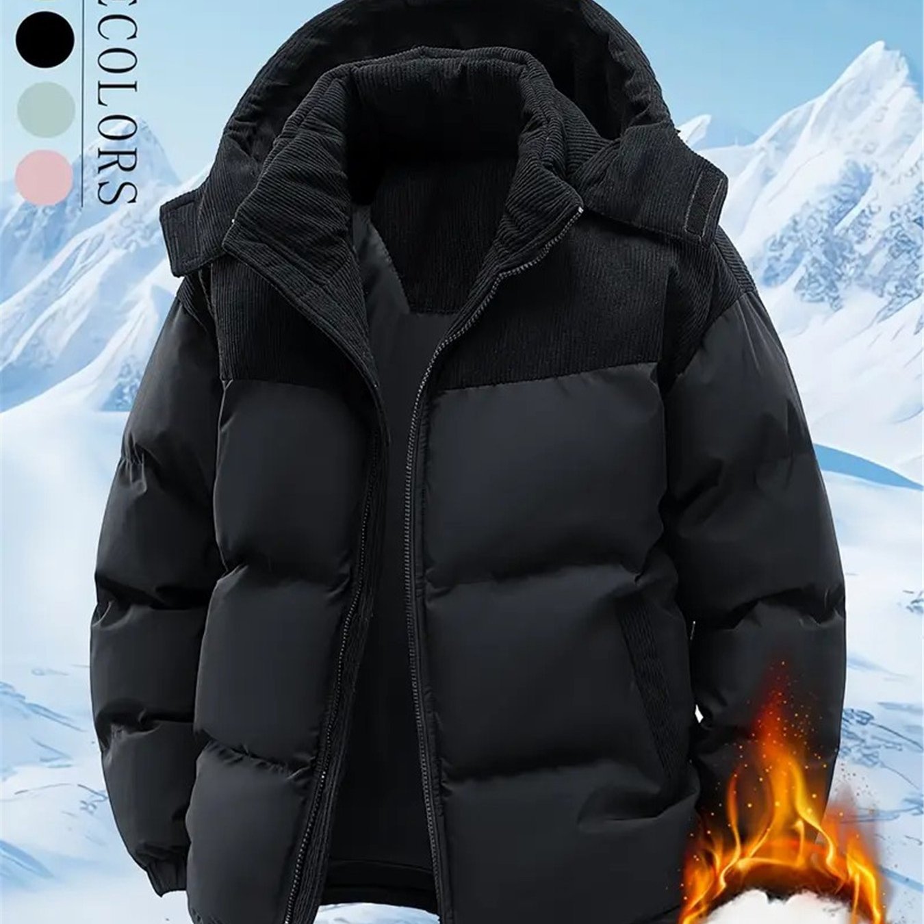 Men's Winter Hooded Jacket - Full-Zip Detachable Hood & Coat, Beige//Brown Color-Block, -Filled Casual Coat for Skiing, Snowboarding & ctivities - Machine Washable Cold Weather Outerwear, Winter Jacket For Men, Men Winter Jac