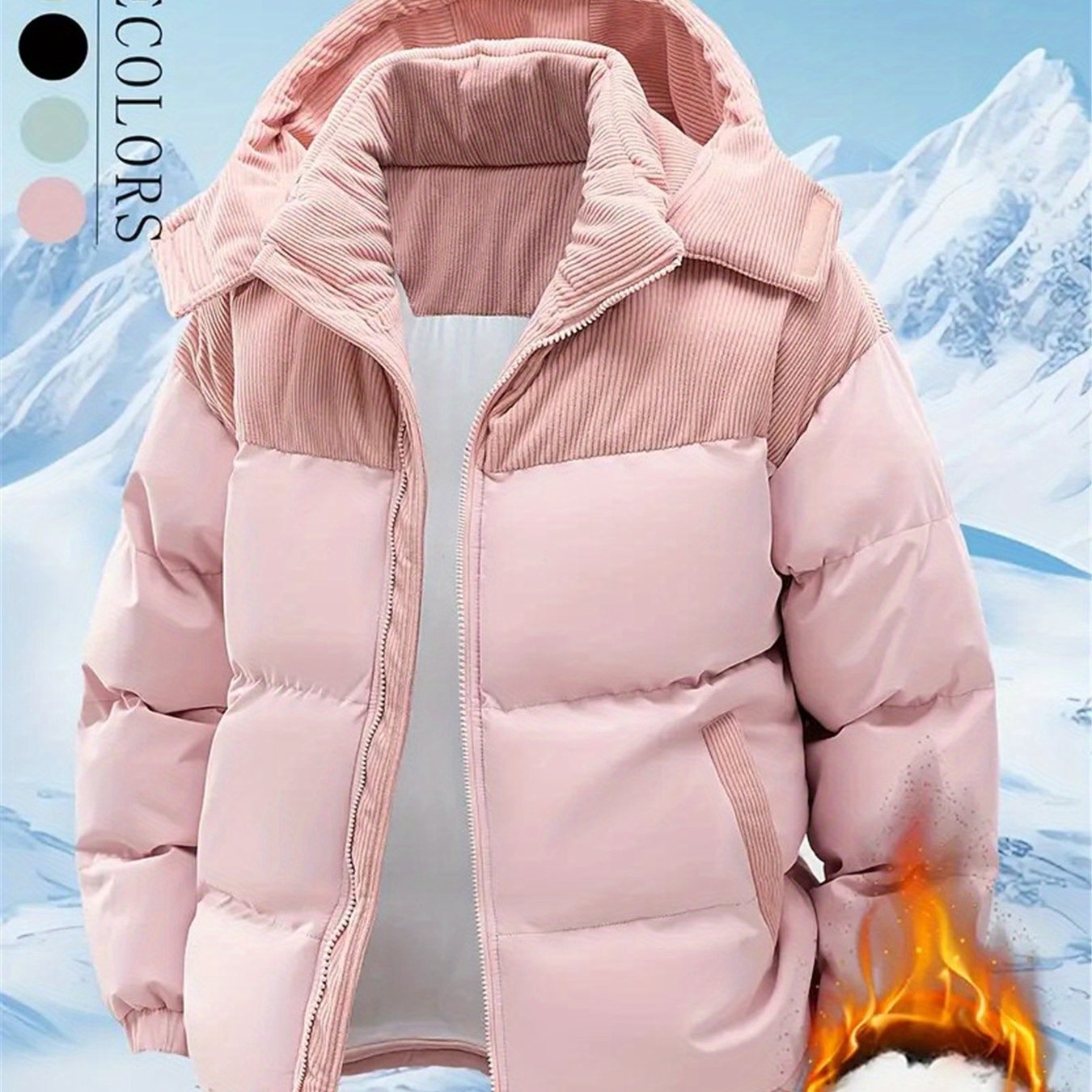 Men's Winter Hooded Jacket - Full-Zip Detachable Hood & Coat, Beige//Brown Color-Block, -Filled Casual Coat for Skiing, Snowboarding & ctivities - Machine Washable Cold Weather Outerwear, Winter Jacket For Men, Men Winter Jac