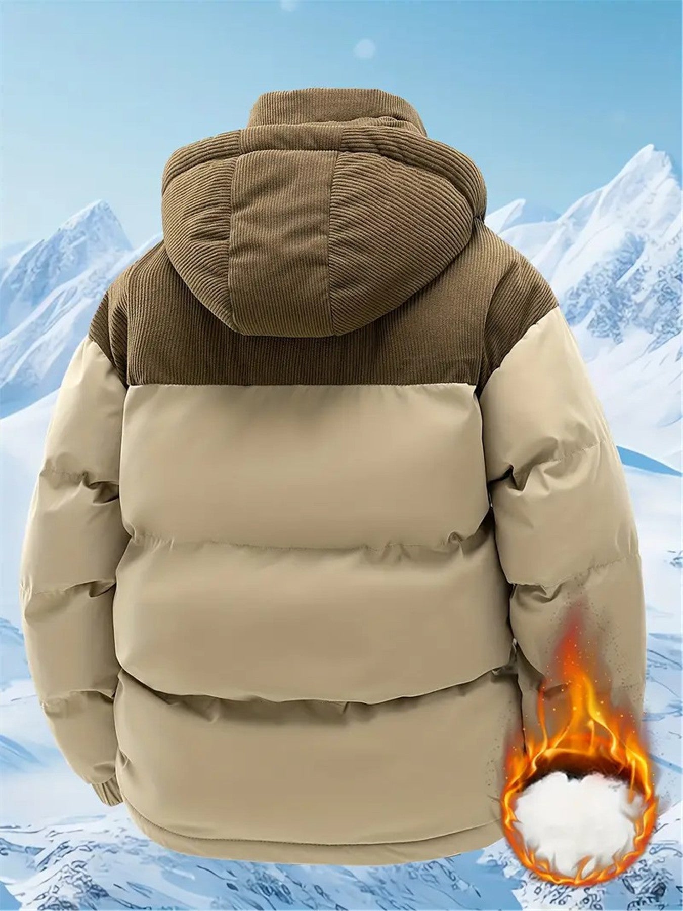 Men's Winter Hooded Jacket - Full-Zip Detachable Hood & Coat, Beige//Brown Color-Block, -Filled Casual Coat for Skiing, Snowboarding & ctivities - Machine Washable Cold Weather Outerwear, Winter Jacket For Men, Men Winter Jac