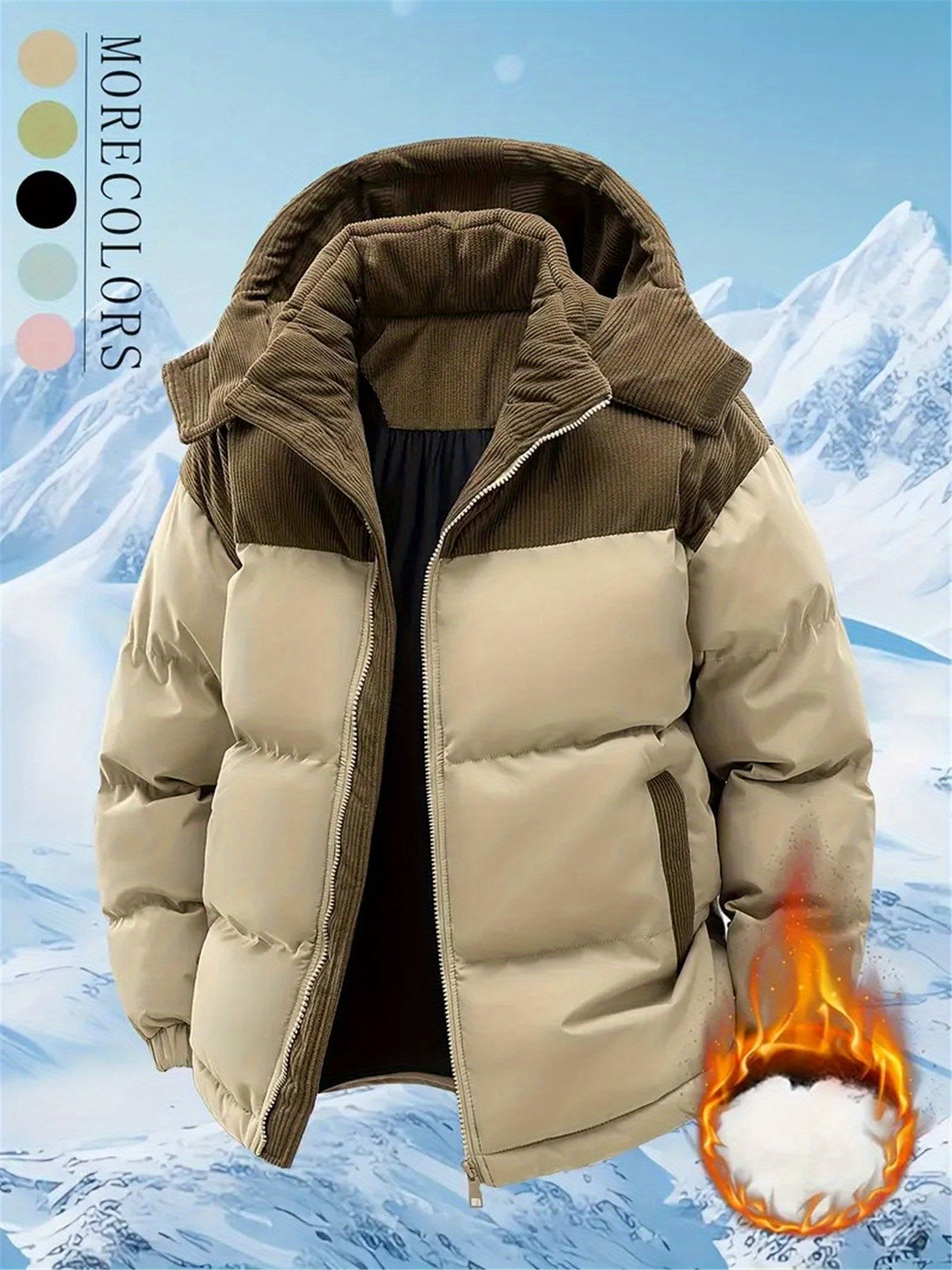 Men's Winter Hooded Jacket - Full-Zip Detachable Hood & Coat, Beige//Brown Color-Block, -Filled Casual Coat for Skiing, Snowboarding & ctivities - Machine Washable Cold Weather Outerwear, Winter Jacket For Men, Men Winter Jac