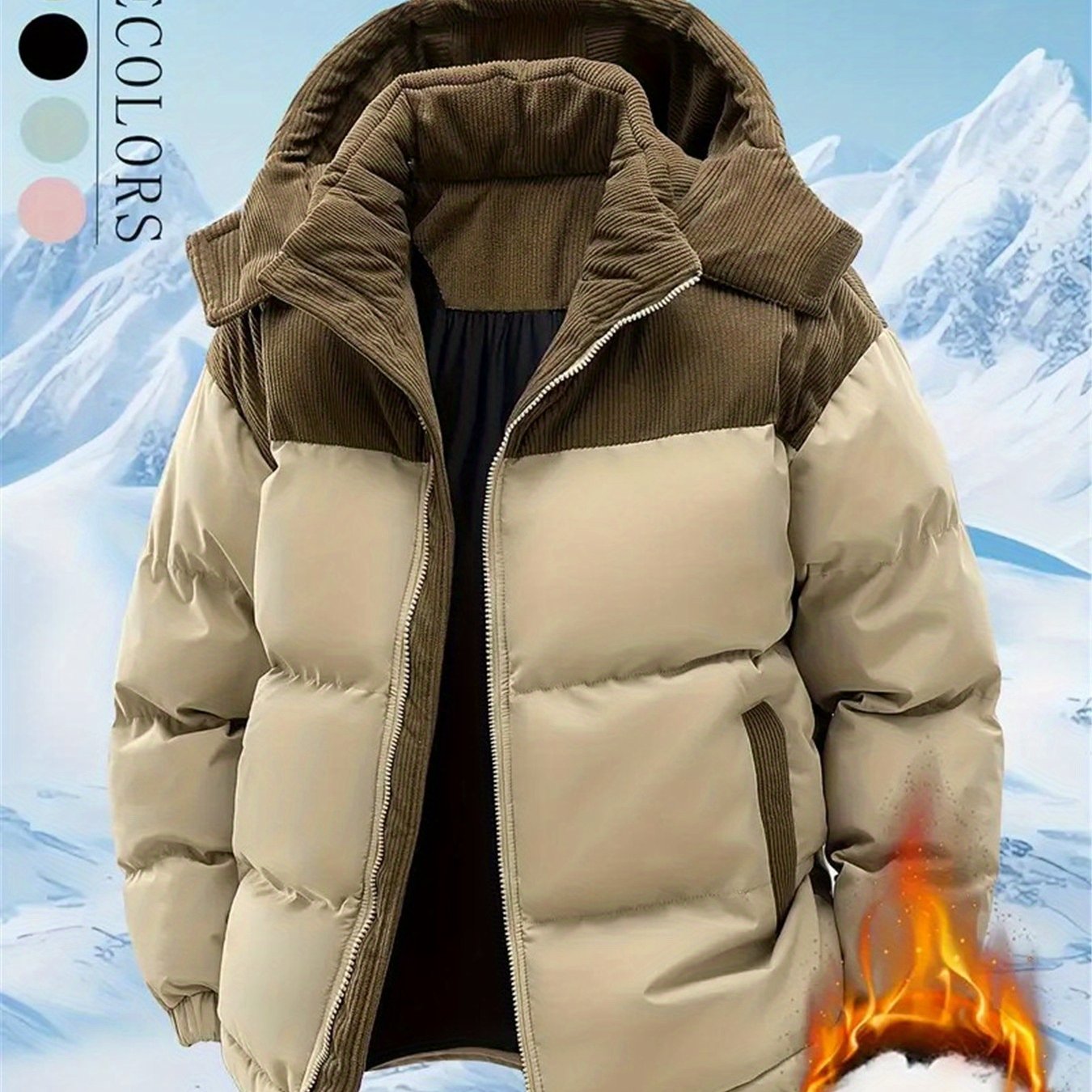 Men's Winter Hooded Jacket - Full-Zip Detachable Hood & Coat, Beige//Brown Color-Block, -Filled Casual Coat for Skiing, Snowboarding & ctivities - Machine Washable Cold Weather Outerwear, Winter Jacket For Men, Men Winter Jac
